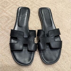 Galerie des Tanneurs Black Leather H Slide Sandals Made in Morocco Size 39